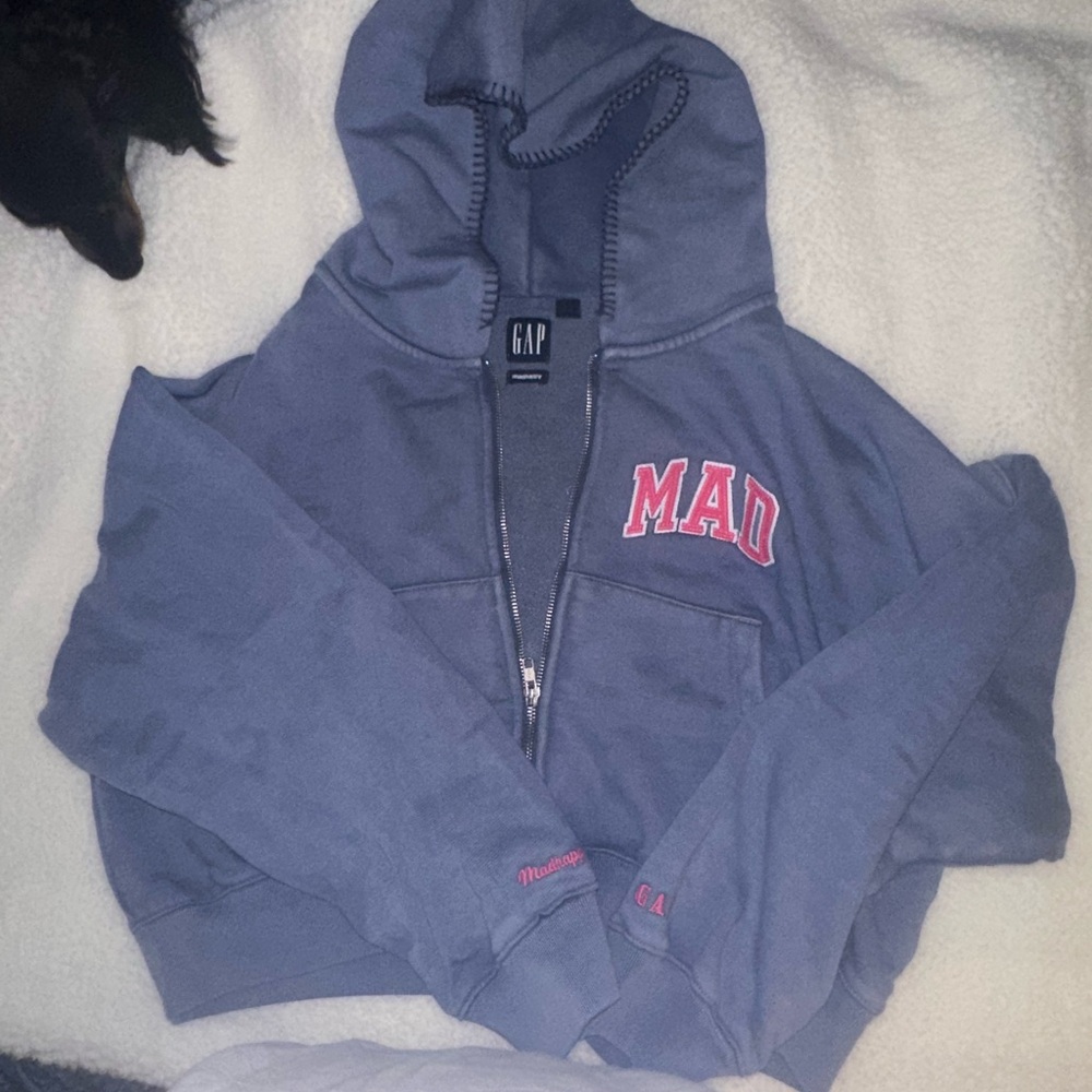 GAP Blue Zip Crop Hoodie with Pink 'MAD' Chest Applique